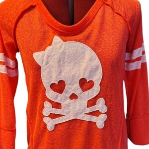 Almost Famous Orange Heart Scull Tee Shirt Round Neckline Stretch Knit Size S